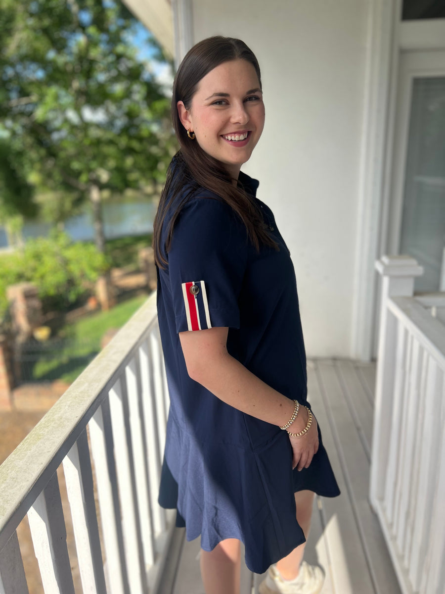 serena dress navy blue product info Cotton V Neck Midi Dress in Navy Blue