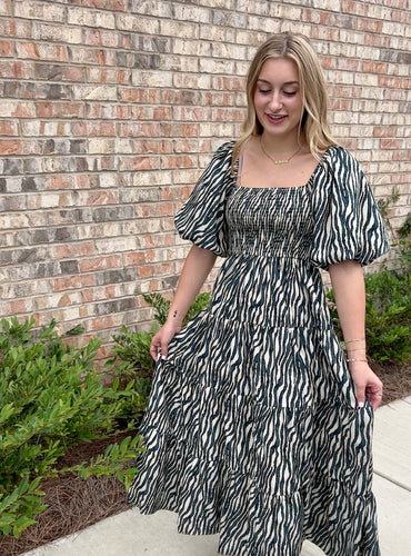 Teal Print Maxi Dress with Puff sleeves
