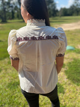 Load image into Gallery viewer, Marty top in Cream with burgundy accent embroidery