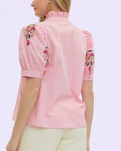 Load image into Gallery viewer, Trista solid short puff sleeve top featuring embroidered floral motif.