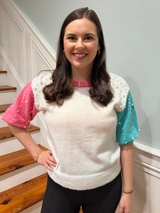 Pearl beaded Color block sweater