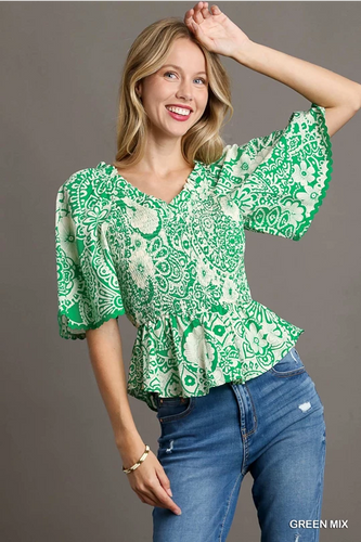 Emery paisley smocked top with ric rac trim.
