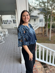 Raelyn slate Blue Velvet top