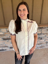 Load image into Gallery viewer, Marty top in Cream with burgundy accent embroidery