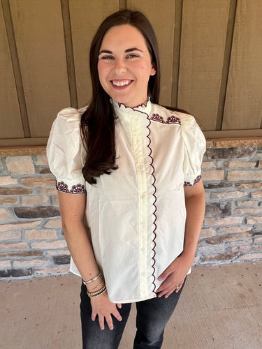 Marty top in Cream with burgundy accent embroidery