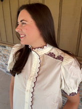 Load image into Gallery viewer, Marty top in Cream with burgundy accent embroidery