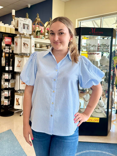 Giselle lt blue checkered top