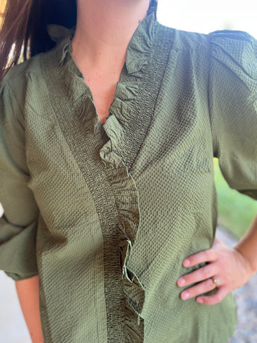 Andi smocked trim Olive blouse