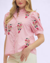 Load image into Gallery viewer, Trista solid short puff sleeve top featuring embroidered floral motif.