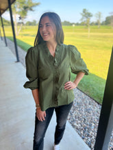 Load image into Gallery viewer, Andi smocked trim Olive blouse