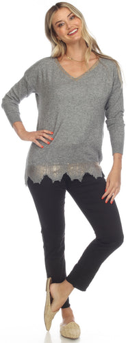 Gold foil trim V Neck Sweater-Heather