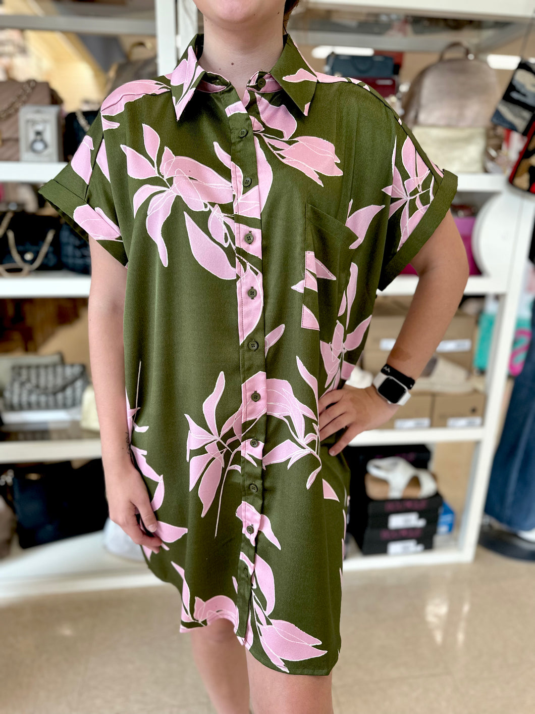 Olive with Pink Flowers Dress